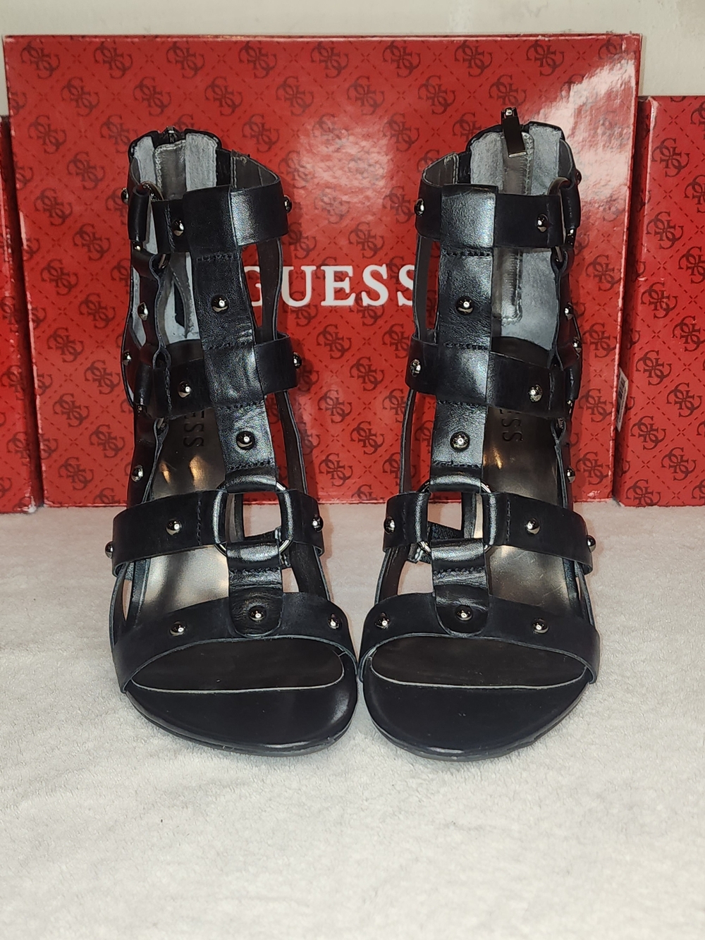 GUESS Black Studded Buckle Gladiator High-Heel Sandals